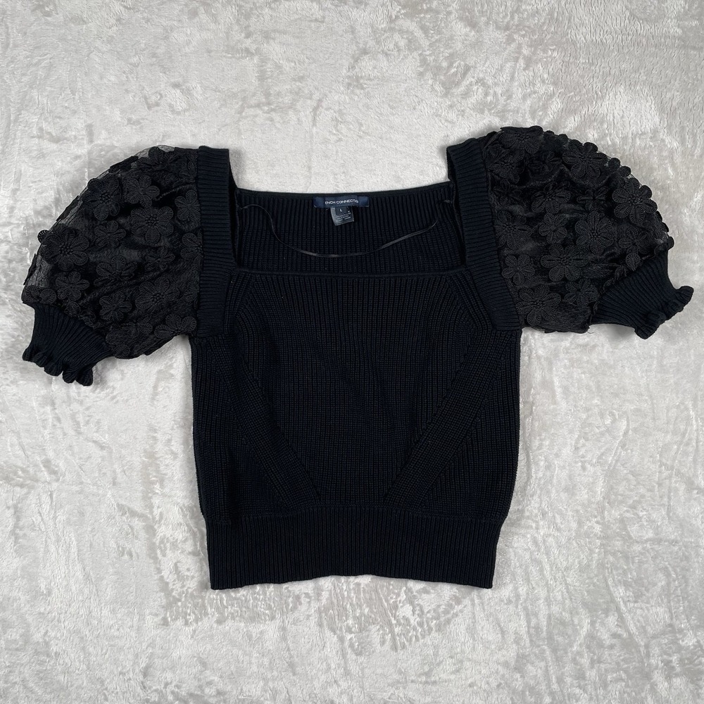 French Connection Juliet Mozart Caballo Jumper Sheer Lace Sleeve Black Sz Large